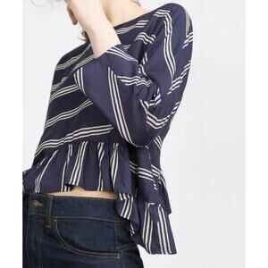 Zara Womens Striped Ruffle Asymmetrical Blue Top Size Medium Cropped Peplum